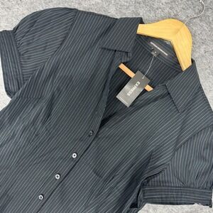 Express Design Studio Womens Medium Black Green Striped Button Up Puff Sleeve